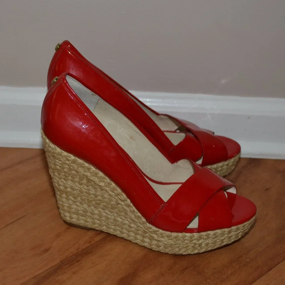 Michael Kors red leather Casandra Espadrille open toe Platform wedge sandals 8.5